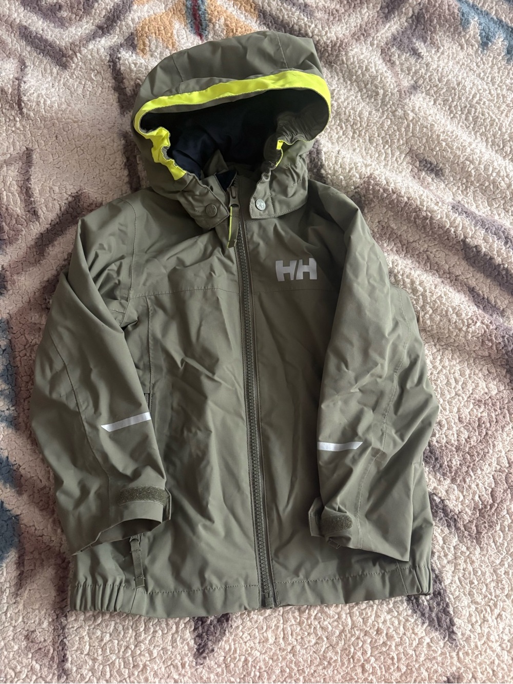 Helly Hansen Kids Olive Green Raincoat with Neon Yellow Trim